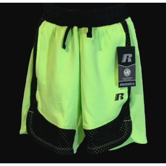 Russell Boys Lime Green Black Knit Shorts Size M8 Drawstring Waist - Picture 3 of 11